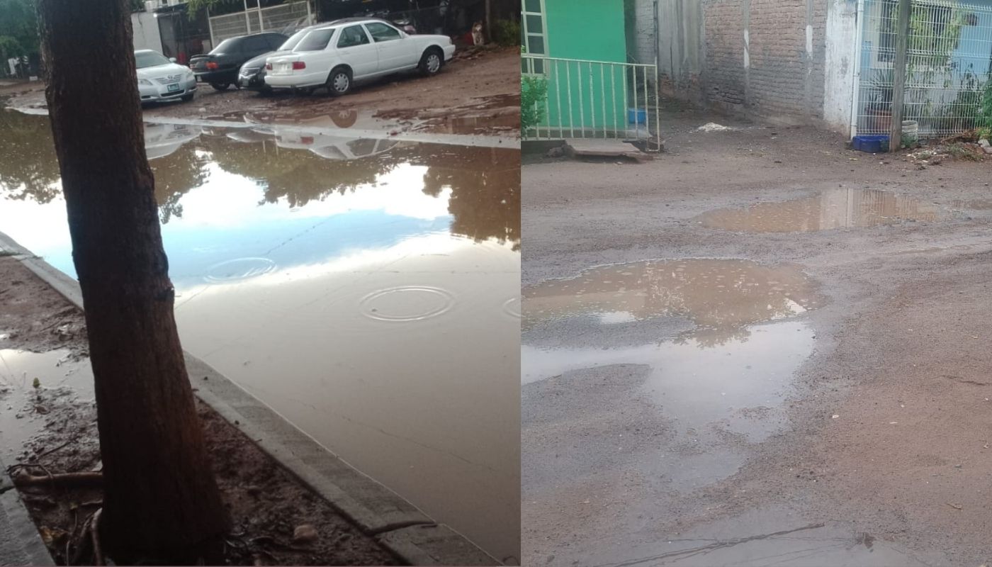 charcos de agua en una calle y en un camino de terracería