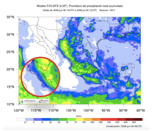 Imagen satelital de México que representa lluvias con colores verdes y azules que indica pronóstico de precipitaciones