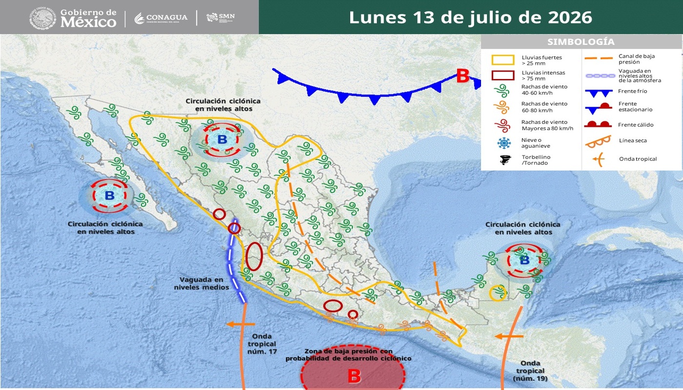 Imagen satelital de México que representa la probabilidad de tormentas con flechas y líneas