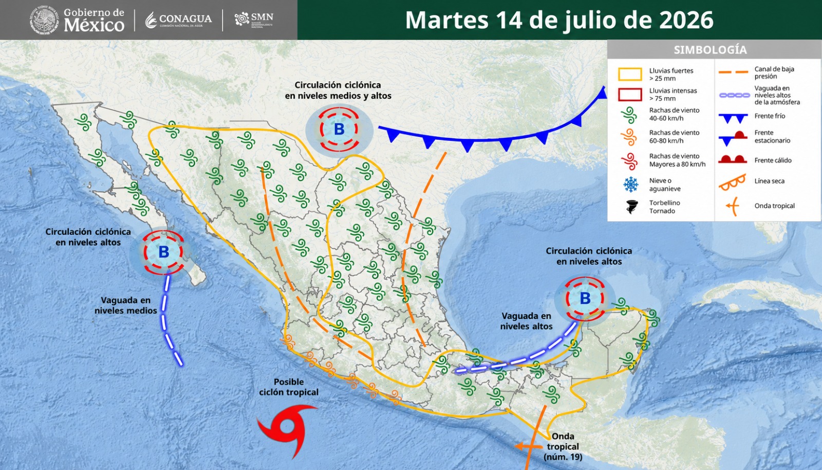 Imagen satelital de México que representa la probabilidad de tormentas con flechas y líneas