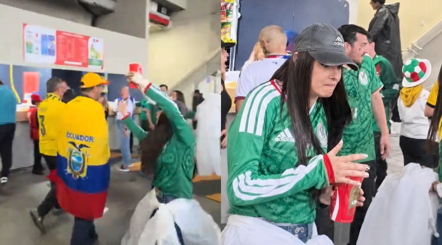 Aficionada fue captada lanzando una bebida a dos seguidores ecuatorianos en el Estadio Ciudad de México.