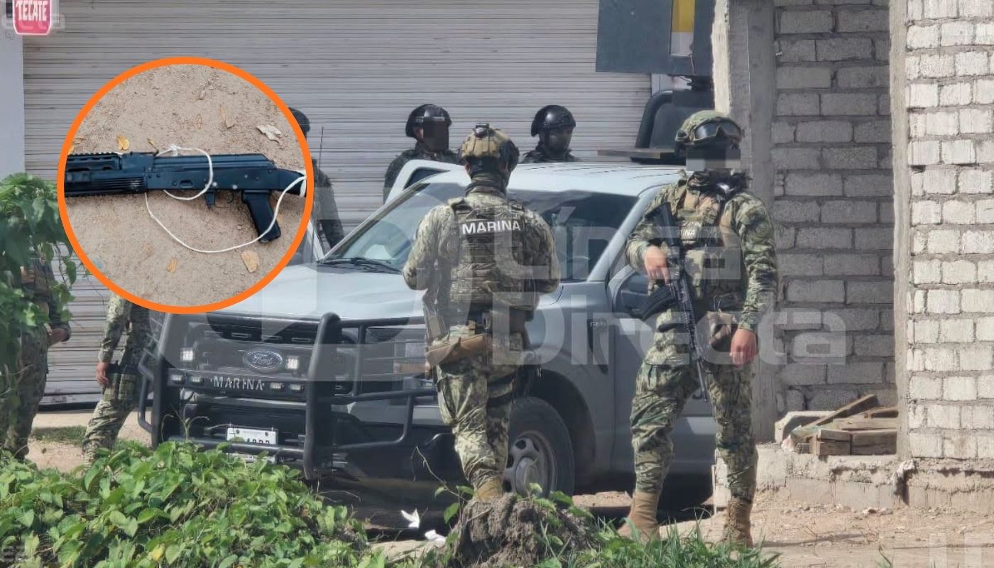 Elementos militares junto a una unidad en una calle y en un círculo un arma