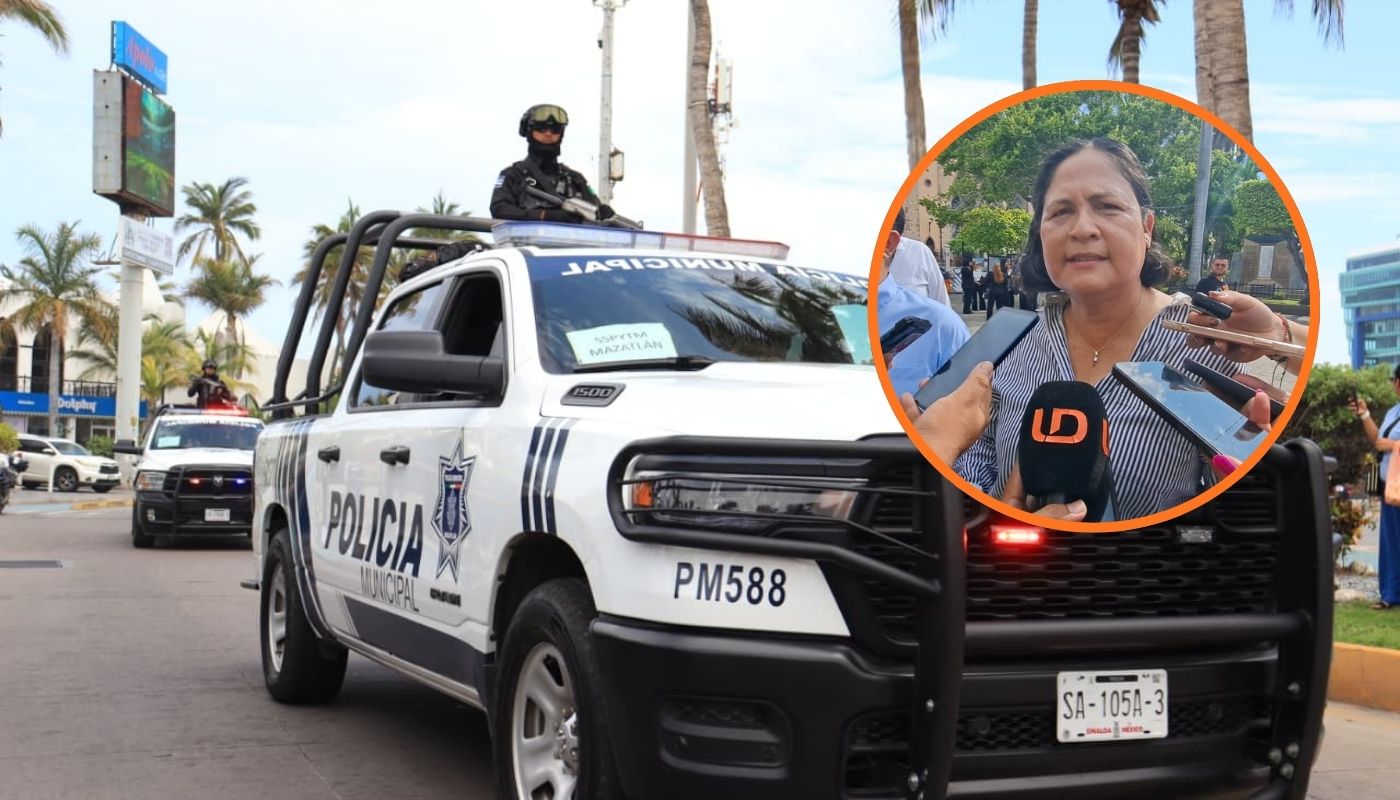 Patrullas y en un círculo la alcaldesa de Mazatlán, Minerva Osuna Zavala