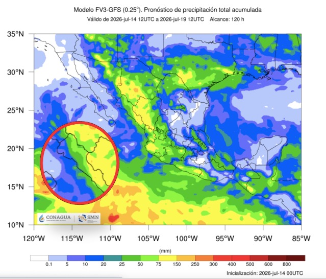 Imagen satelital de México que representa lluvias con colores verdes y azules que indica pronóstico de precipitaciones