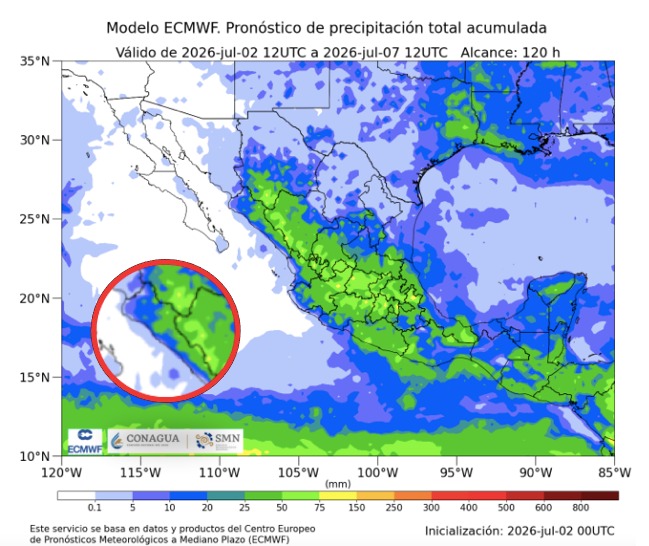 Imagen satelital de México que representa lluvias con colores verdes y azules que indica pronóstico bajo de precipitaciones