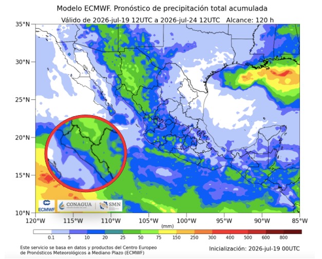 Imagen satelital de México que representa lluvias con colores verdes y azules que indica pronóstico de precipitaciones