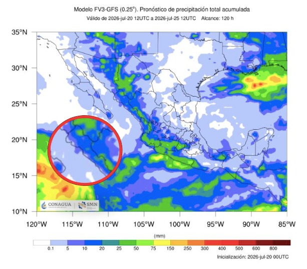 Imagen satelital de México que representa lluvias con colores verdes y azules que indica pronóstico de precipitaciones