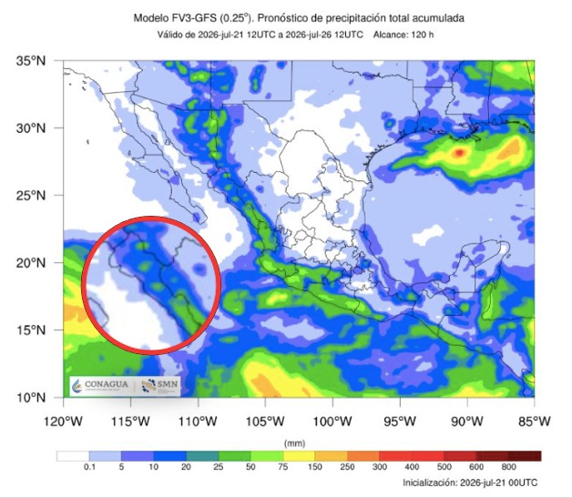 Imagen satelital de México que representa lluvias con colores verdes y azules que indica pronóstico de precipitaciones