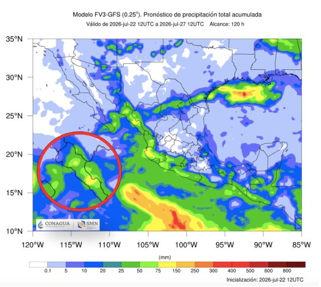 Imagen satelital de México que representa lluvias con colores verdes y azules que indica pronóstico de precipitaciones