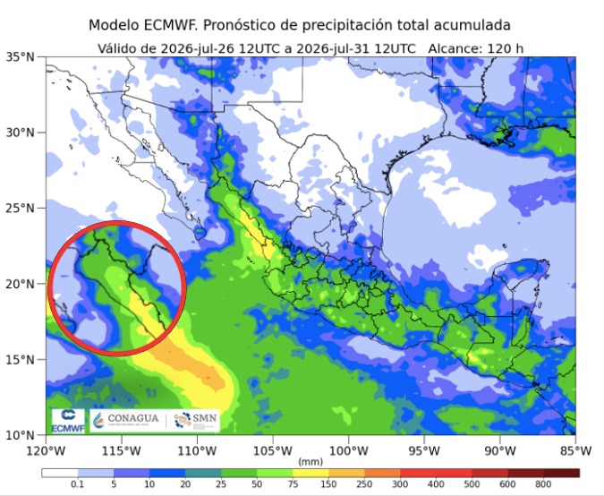 Imagen satelital de México que representa lluvias con colores verdes y azules que indica pronóstico de precipitaciones