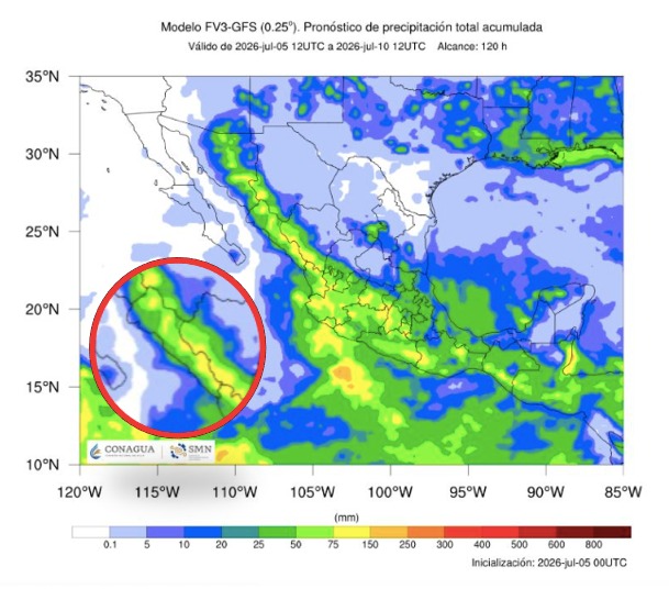 Imagen satelital de México que representa lluvias con colores verdes y azules que indica pronóstico bajo de precipitaciones