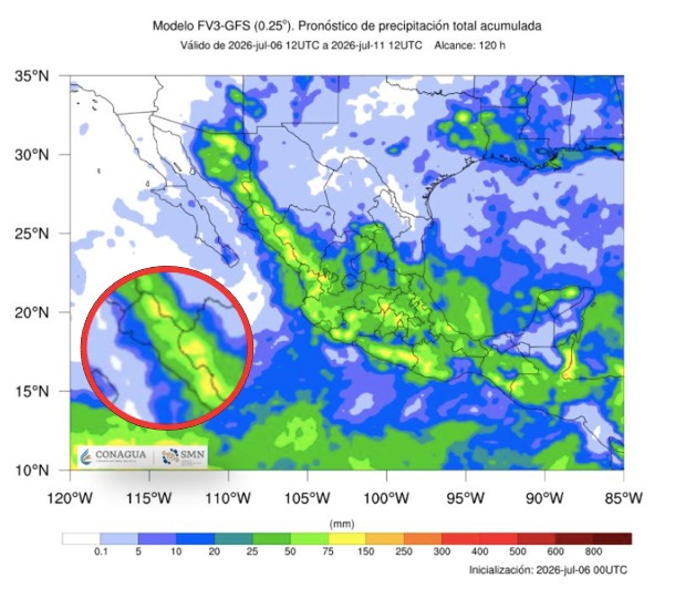 Imagen satelital de México que representa lluvias con colores verdes y azules que indica pronóstico bajo de precipitaciones
