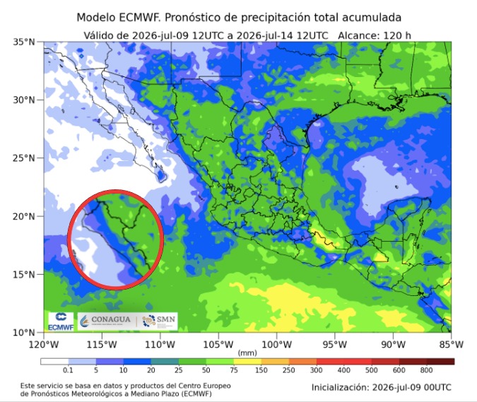 Imagen satelital de México que representa lluvias con colores verdes y azules que indica pronóstico de precipitaciones