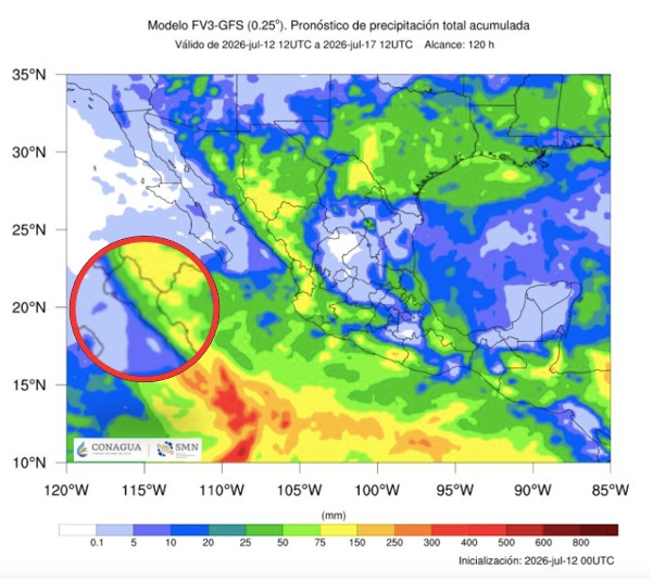 Imagen satelital de México que representa lluvias con colores verdes y azules que indica pronóstico de precipitaciones