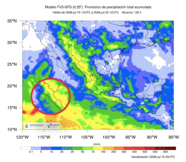 Imagen satelital de México que representa lluvias con colores verdes y azules que indica pronóstico de precipitaciones
