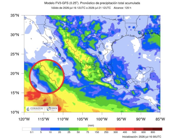 Imagen satelital de México que representa lluvias con colores verdes y azules que indica pronóstico de precipitaciones