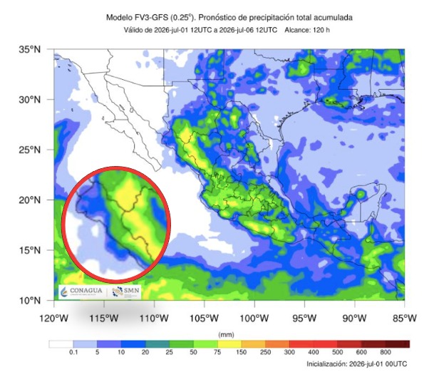 Imagen satelital de México que representa lluvias con colores verdes y azules que indica pronóstico  de precipitaciones