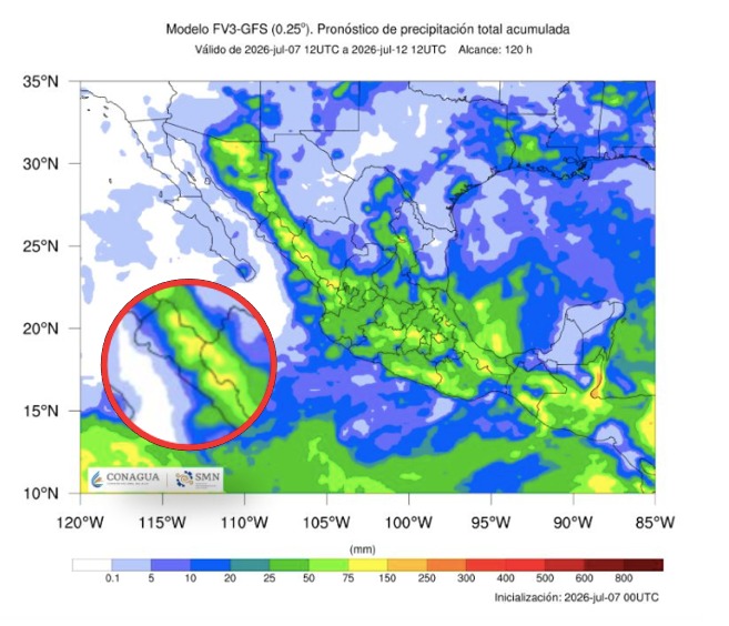 Imagen satelital de México que representa lluvias con colores verdes y azules que indica pronóstico de precipitaciones