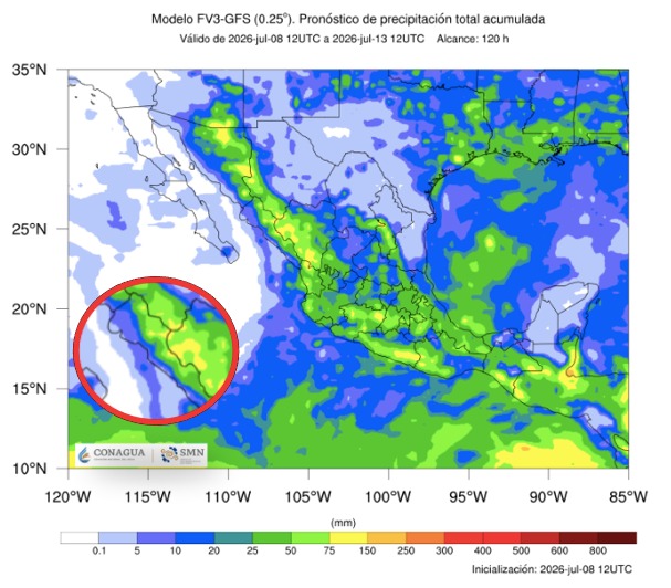Imagen satelital de México que representa lluvias con colores verdes y azules que indica pronóstico de precipitaciones