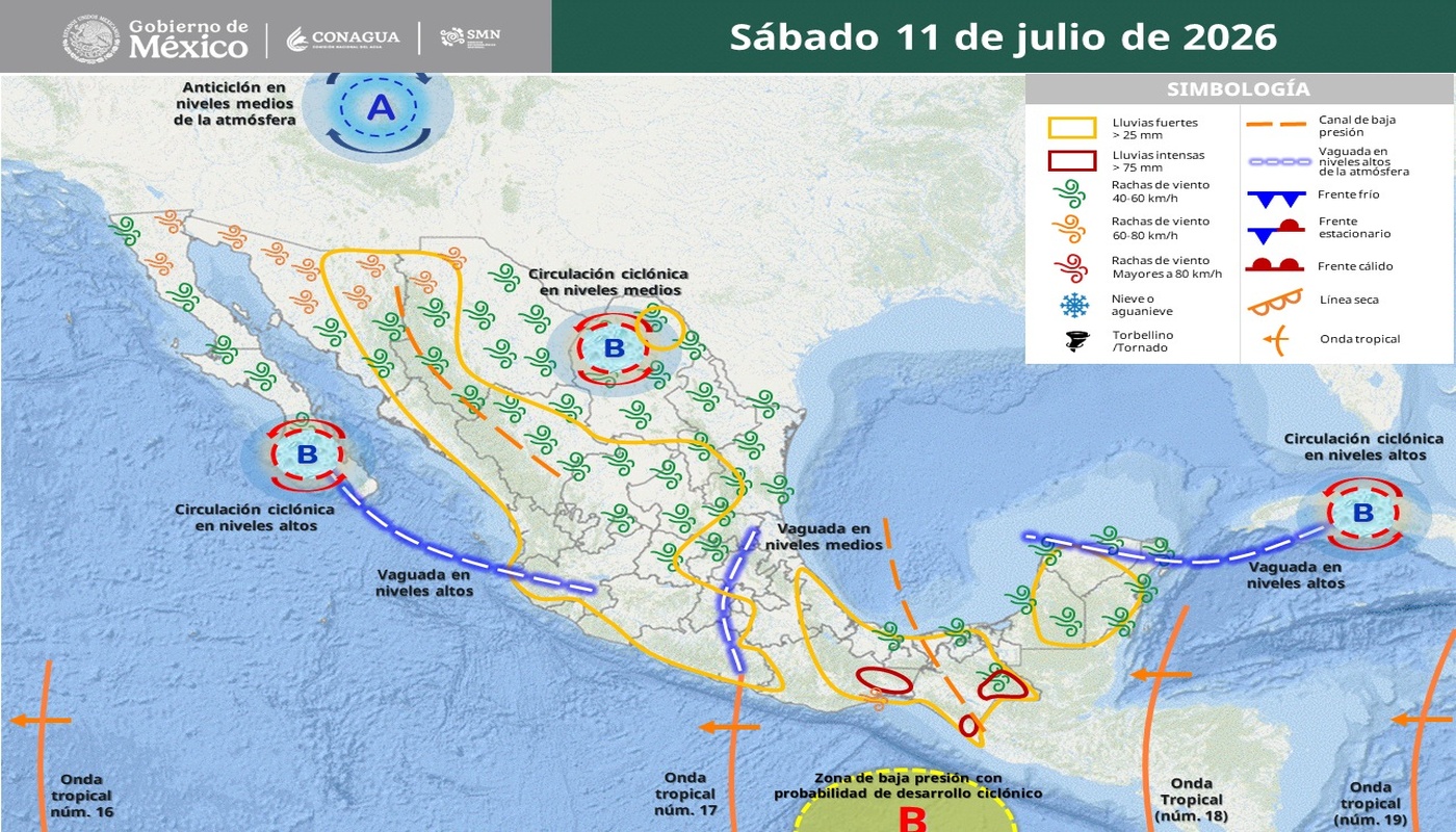 Imagen satelital de México que representa la probabilidad de tormentas con flechas y líneas