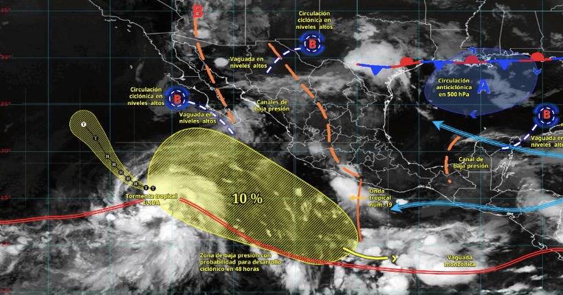Imagen satelital de México indicando los sistemas meteorológicos activos con líneas y flechas