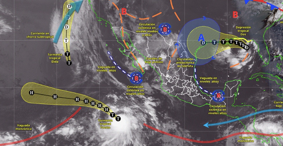 Imagen satelital de México indicando los sistemas meteorológicos activos con líneas y flechas