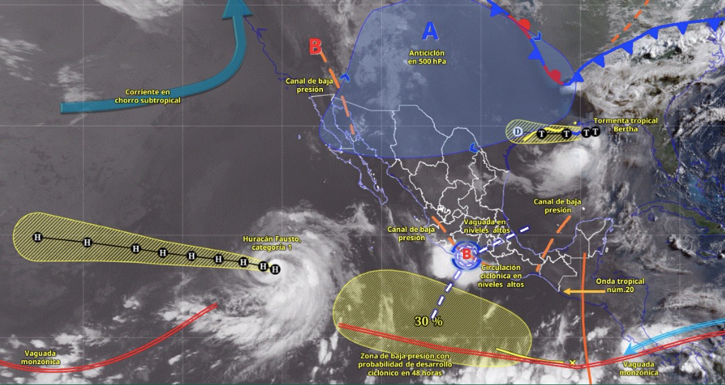 Imagen satelital de México indicando los sistemas meteorológicos activos con líneas y flechas