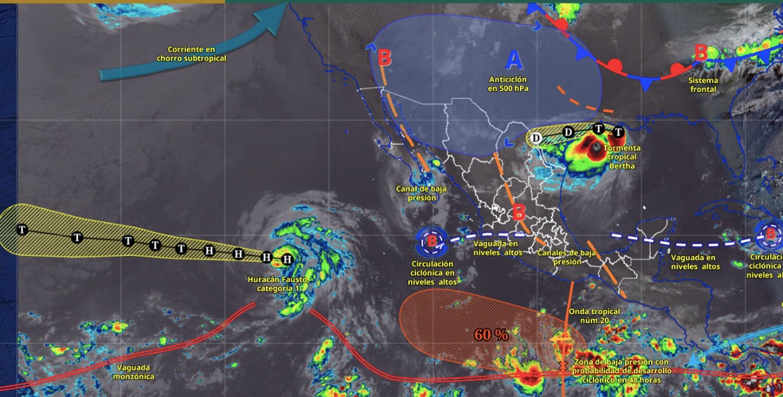 Imagen satelital de México indicando los sistemas meteorológicos activos con líneas y flechas