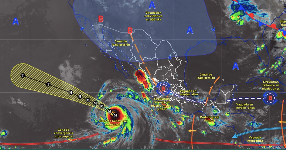 Imagen satelital de México indicando los sistemas meteorológicos activos con líneas y flechas