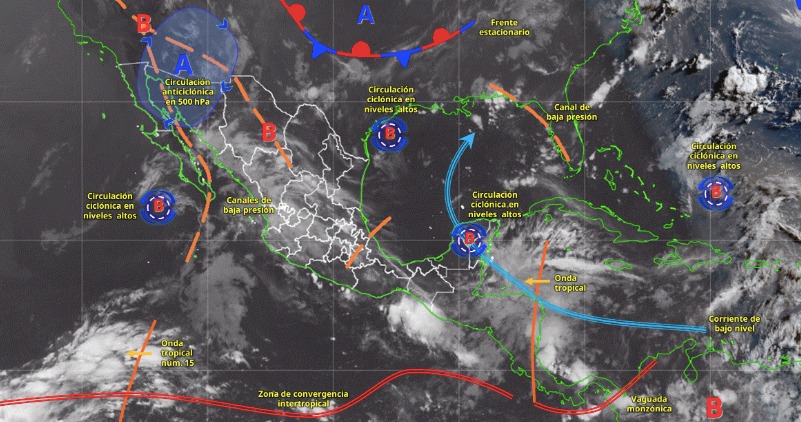 Imagen satelital de México indicando los sistemas meteorológicos activos con líneas y flechas