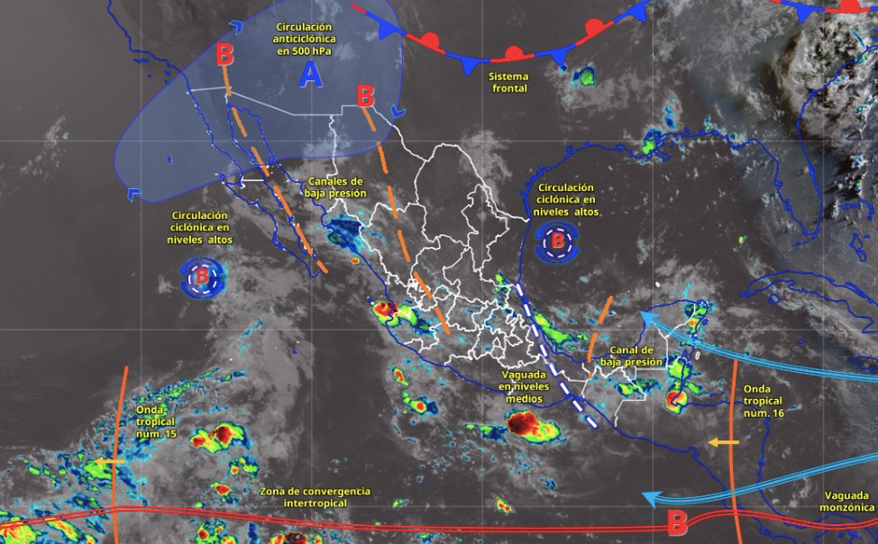Imagen satelital de México indicando los sistemas meteorológicos activos con líneas y flechas