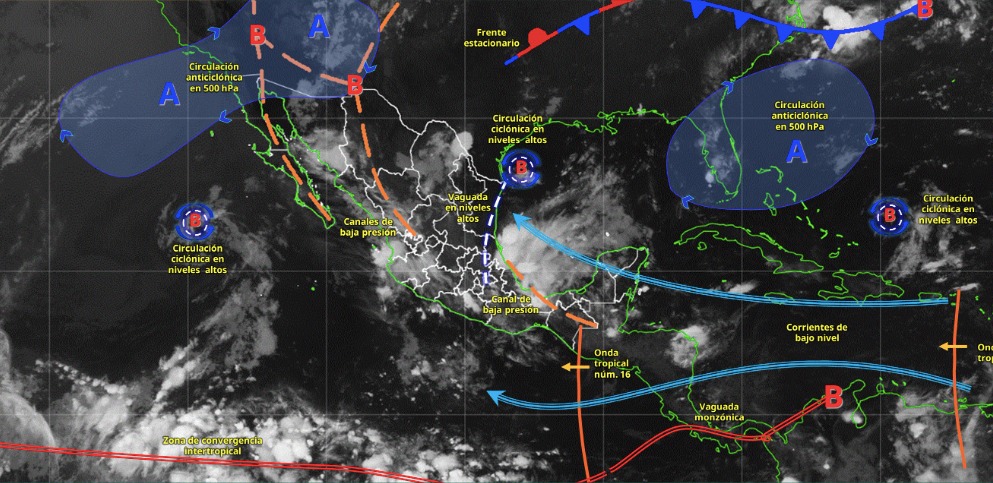 Imagen satelital de México indicando los sistemas meteorológicos activos con líneas y flechas