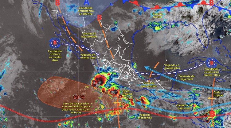 Imagen satelital de México indicando los sistemas meteorológicos activos con líneas y flechas