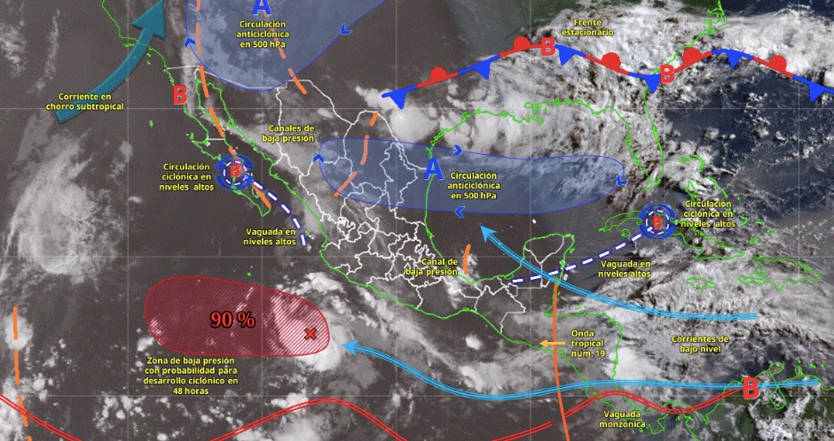 Imagen satelital de México indicando los sistemas meteorológicos activos con líneas y flechas