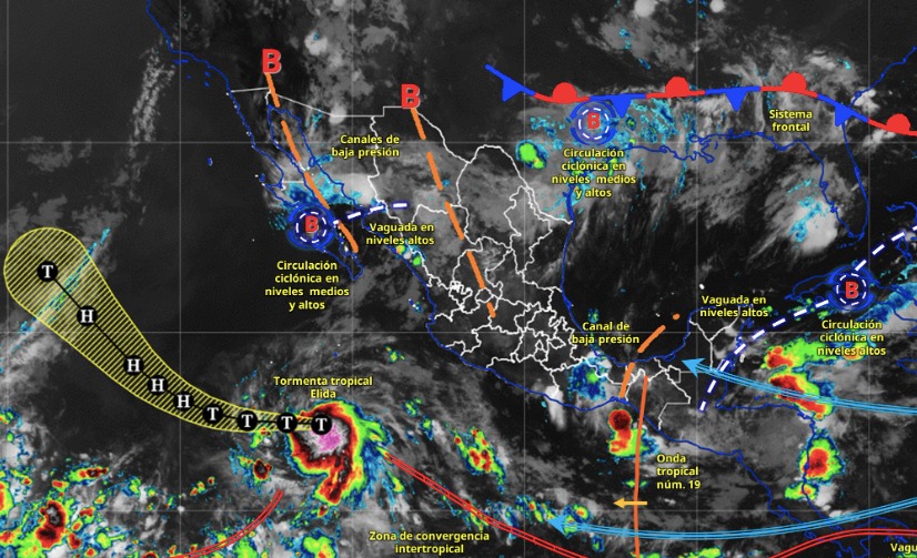 Imagen satelital de México indicando los sistemas meteorológicos activos con líneas y flechas