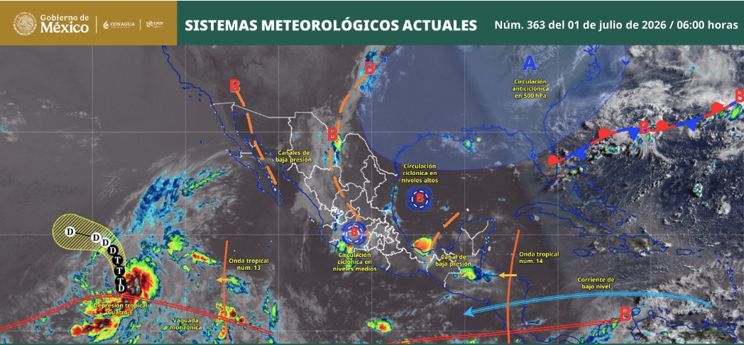 Imagen satelital de México indicando los sistemas meteorológicos activos con líneas y flechas