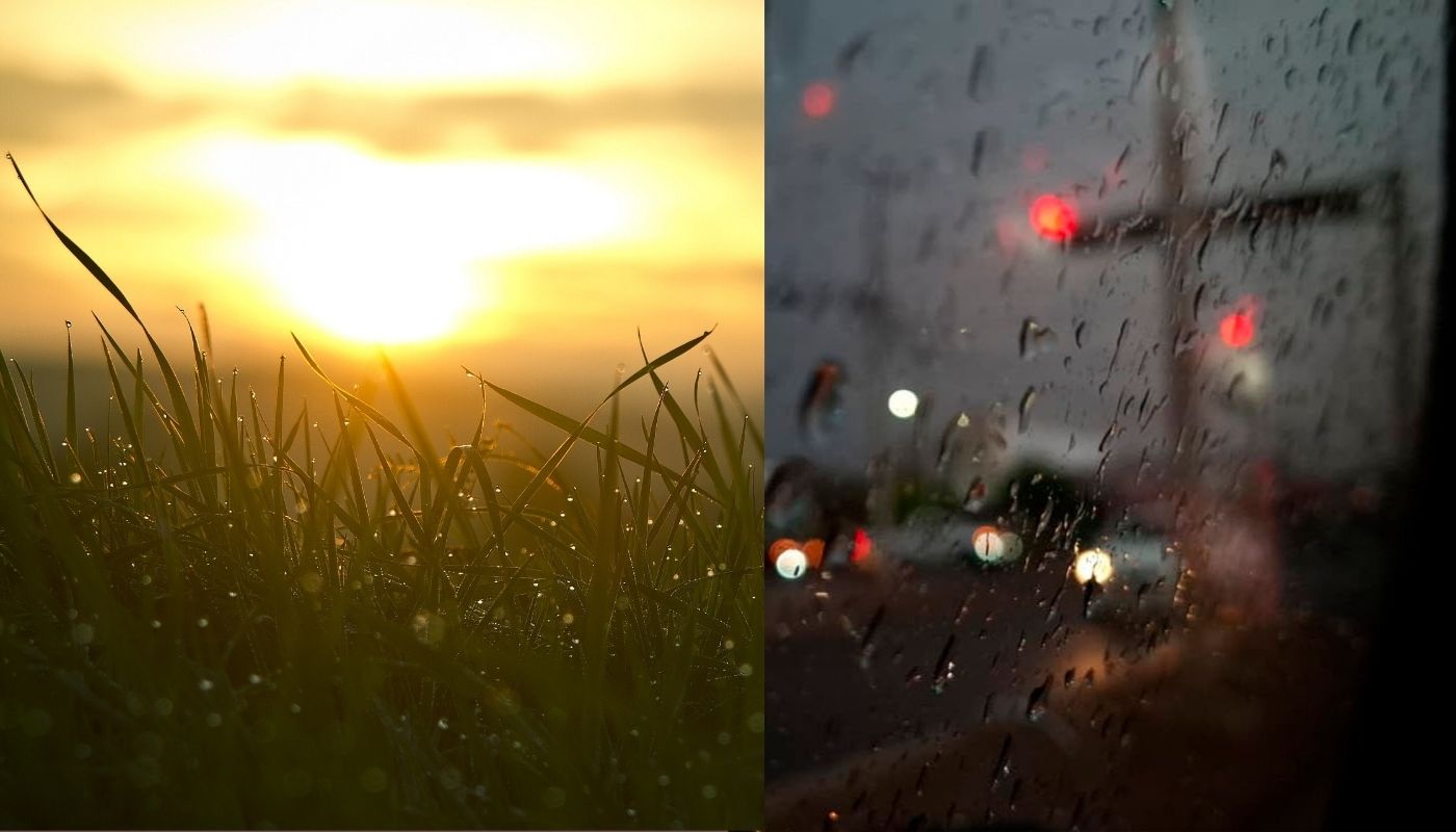 sol en el cielo y lluvia sobre la ventana de un carro