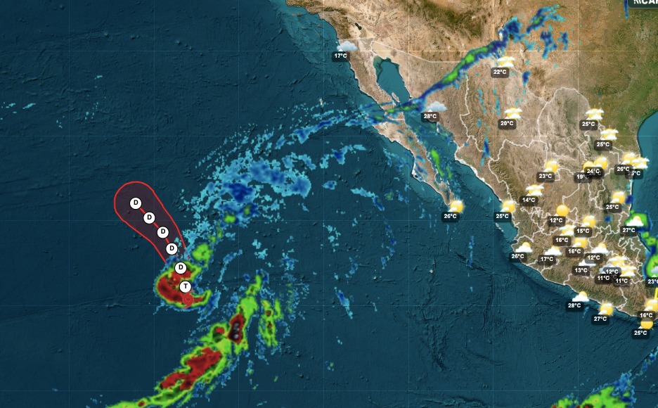 mapa satelital del Pacífico con una zona indicada donde se encuentra la tormenta tropical Douglas