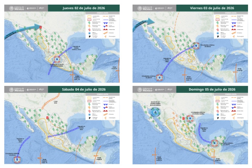 Mapas de México con flechas, líneas e íconos de viento indicando la probabilidad de tormentas en el país