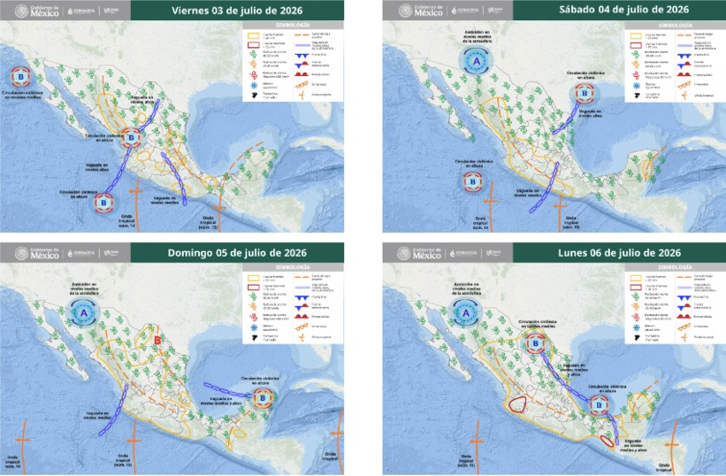 Mapas de México con flechas, líneas e íconos de viento indicando la probabilidad de tormentas en el país