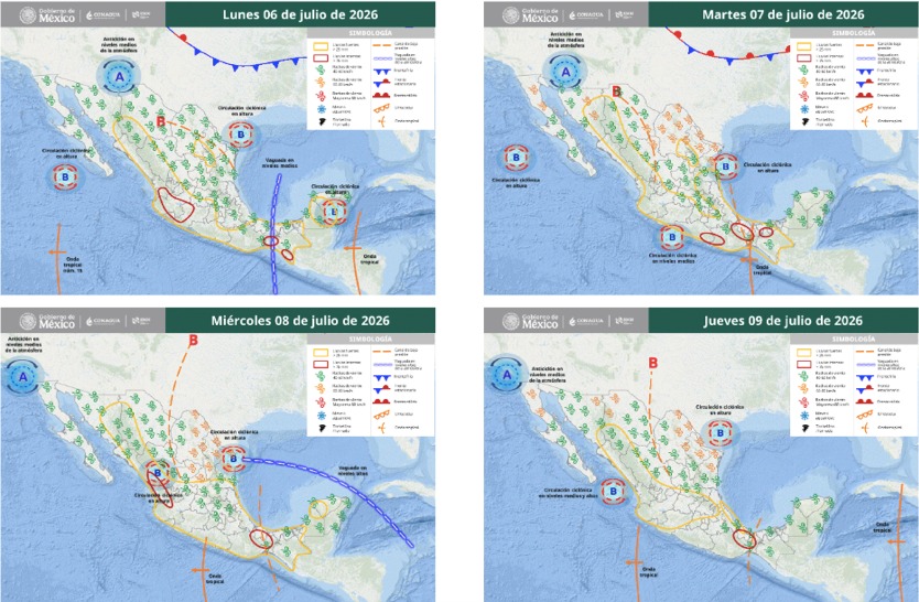 Mapas de México con flechas, líneas e íconos de viento indicando la probabilidad de tormentas en el país
