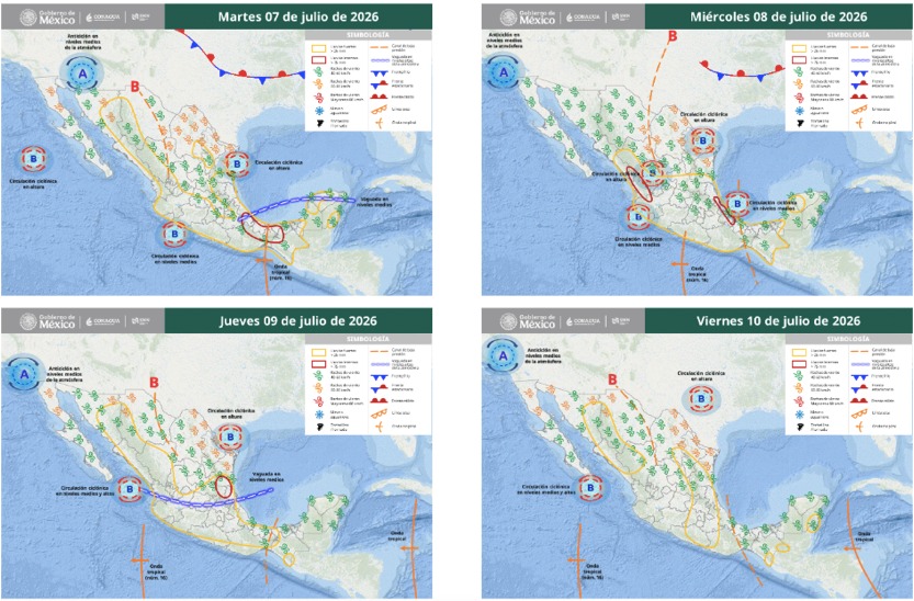 Mapas de México con flechas, líneas e íconos de viento indicando la probabilidad de tormentas en el país