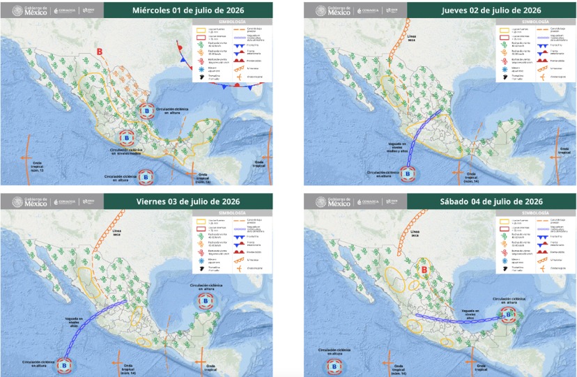 Mapas de México con flechas, líneas e íconos de viento indicando la probabilidad de tormentas en el país