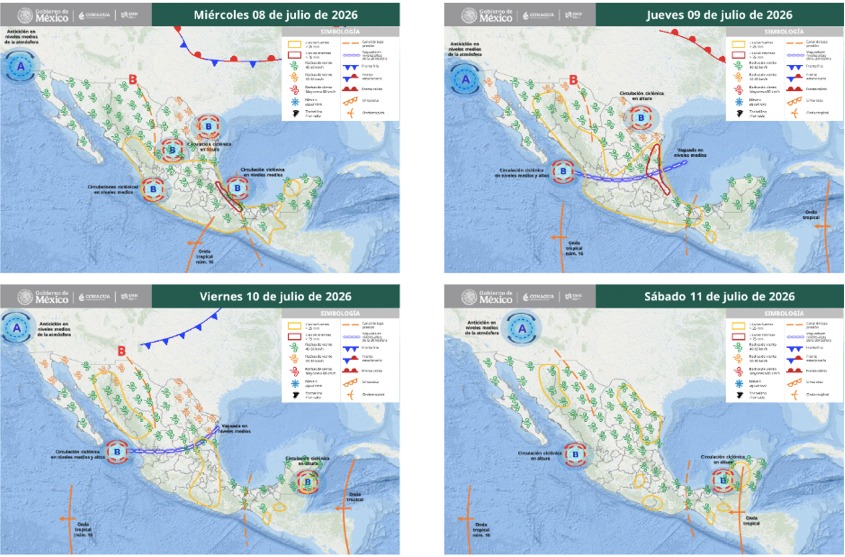 Mapas de México con flechas, líneas e íconos de viento indicando la probabilidad de tormentas en el país