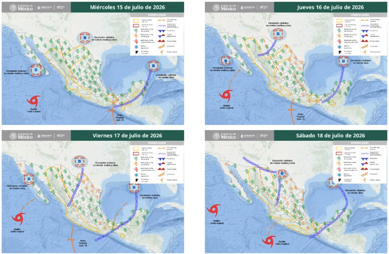 Áreas en vigilancia por desarrollo de tormentas significativas en las siguientes 24, 48, 72 y 96 horas.