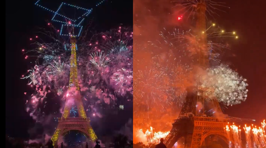 Torre Eiffel se ilumina con fuegos artificiales.