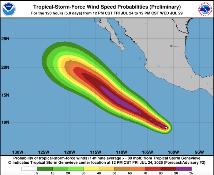 Mapa del pacífico y México con una acotación, indicando la tormenta tropical Genevieve